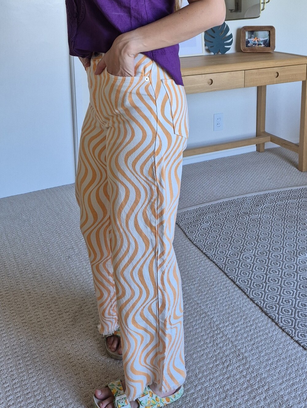 Zara White & Orange Wave-Print Wide Leg Pants - Picture 3 of 5